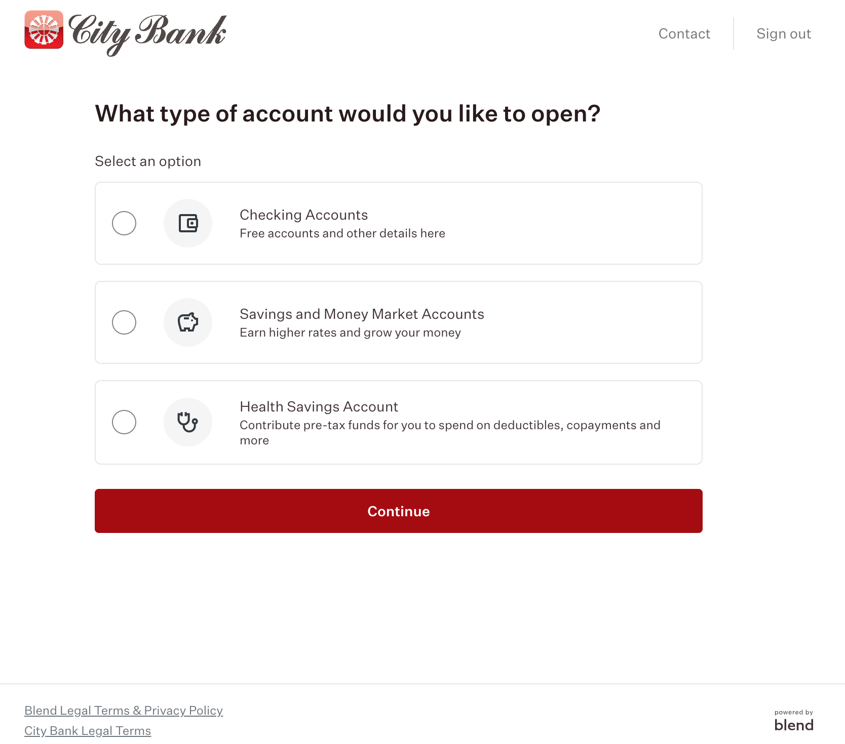Account Type Selection - Choose from Checking, Savings, Money Market, and Health Savings Accounts