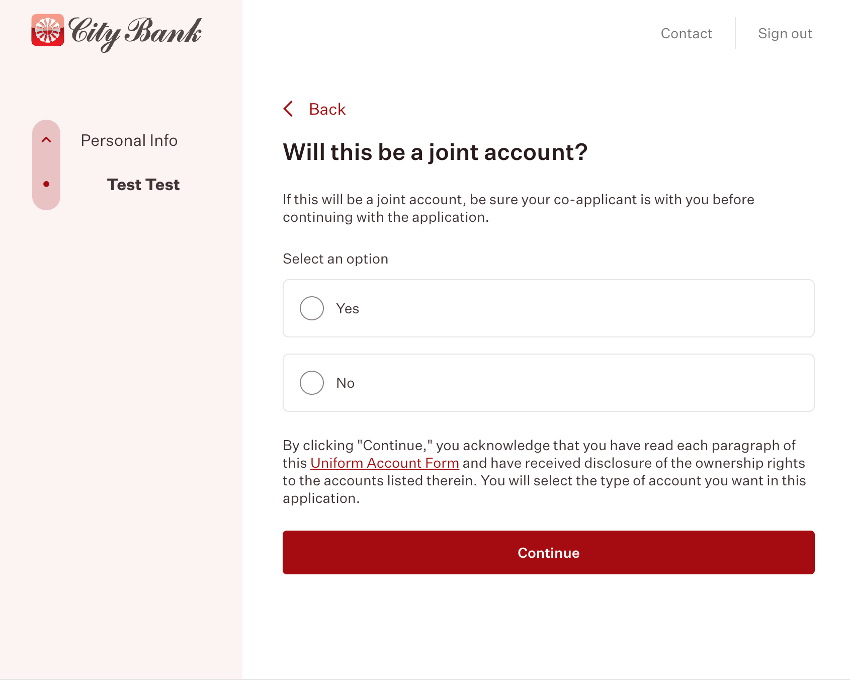 Joint Account Setup - Joint account selection with Uniform Account Form compliance