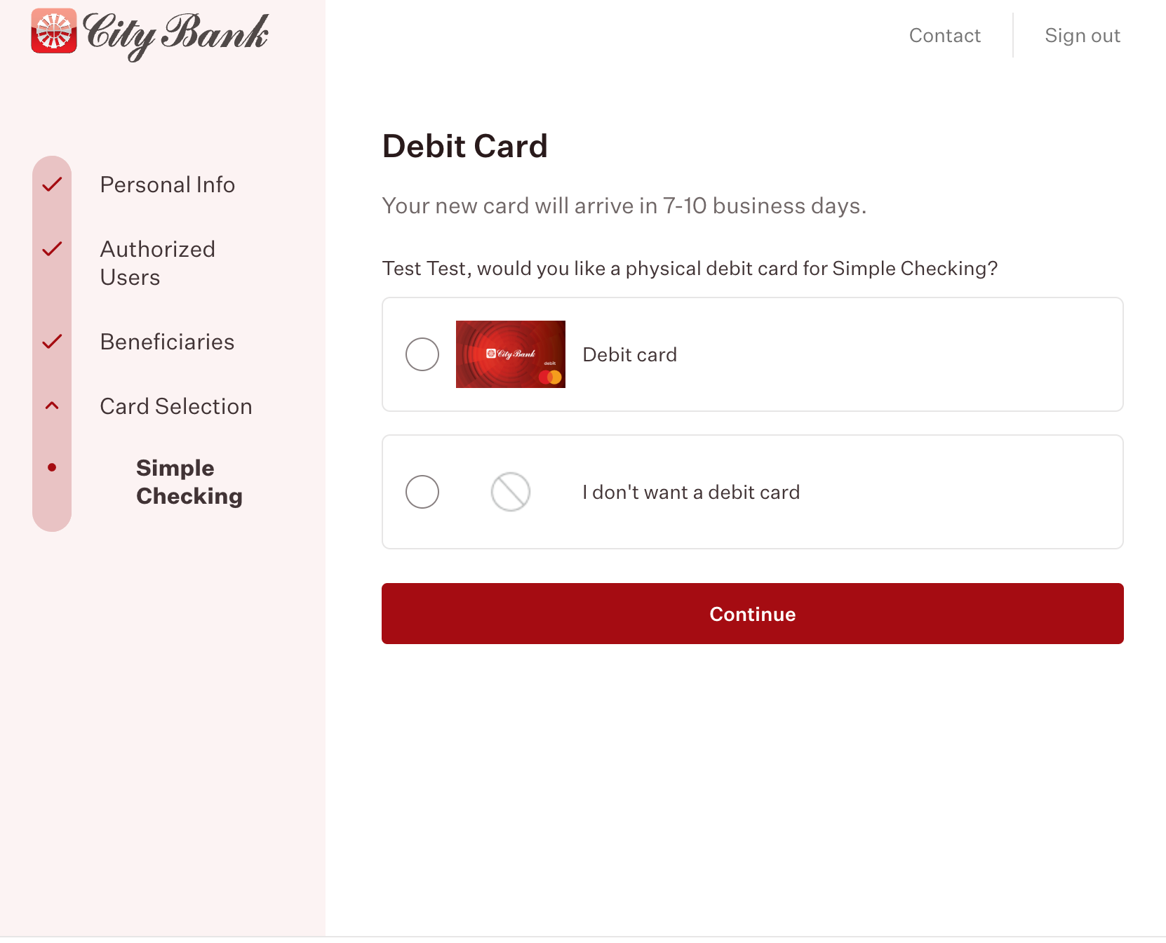 Debit Card Selection - Physical debit card options with visual card representation