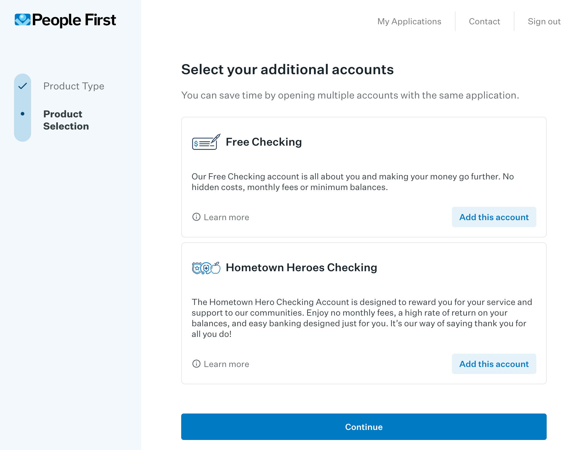 Account Selection - Choose between Free Checking and Hometown Heroes Checking with detailed benefits