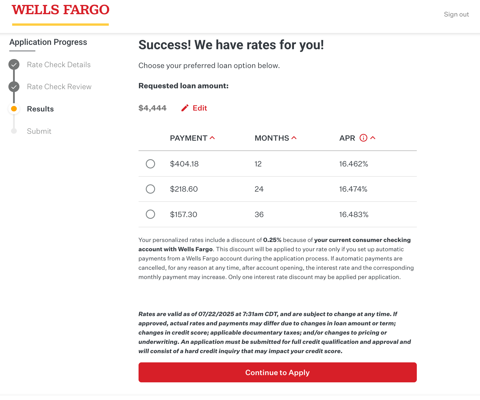 Rate Selection - Personalized loan options with payment amounts, terms, and APR rates