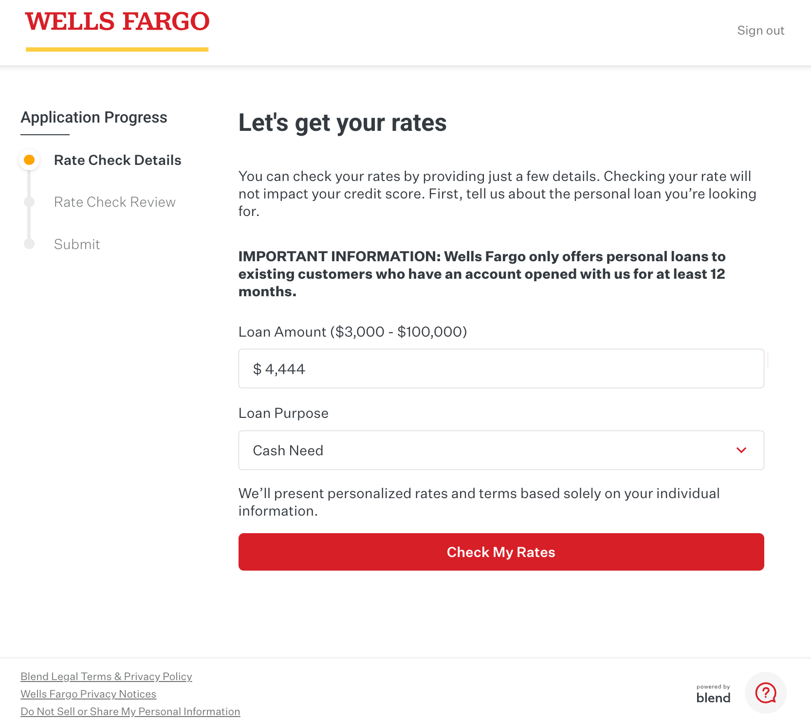 Rate Check Entry - Initial loan amount and purpose selection with customer eligibility requirements