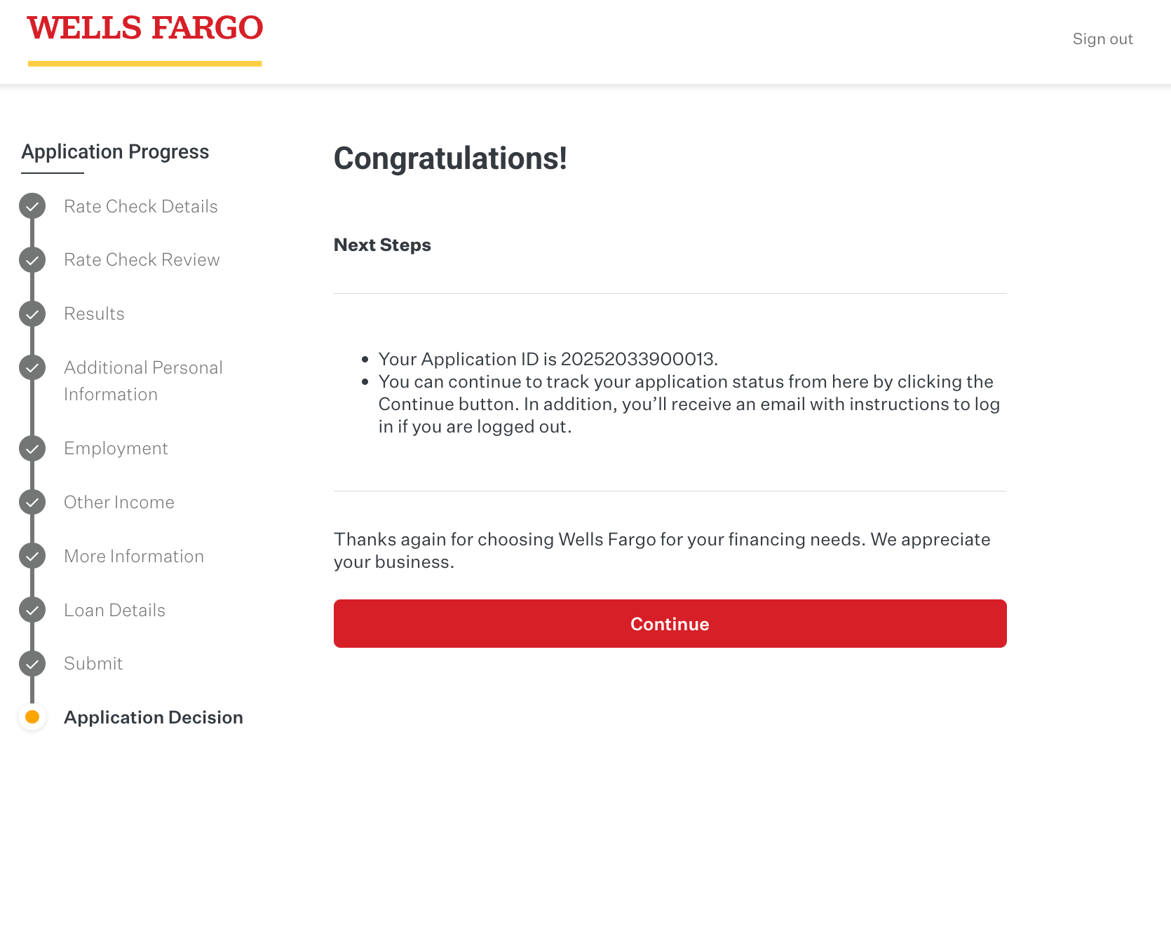 Application Progress - Intermediate success confirmation with application tracking ID